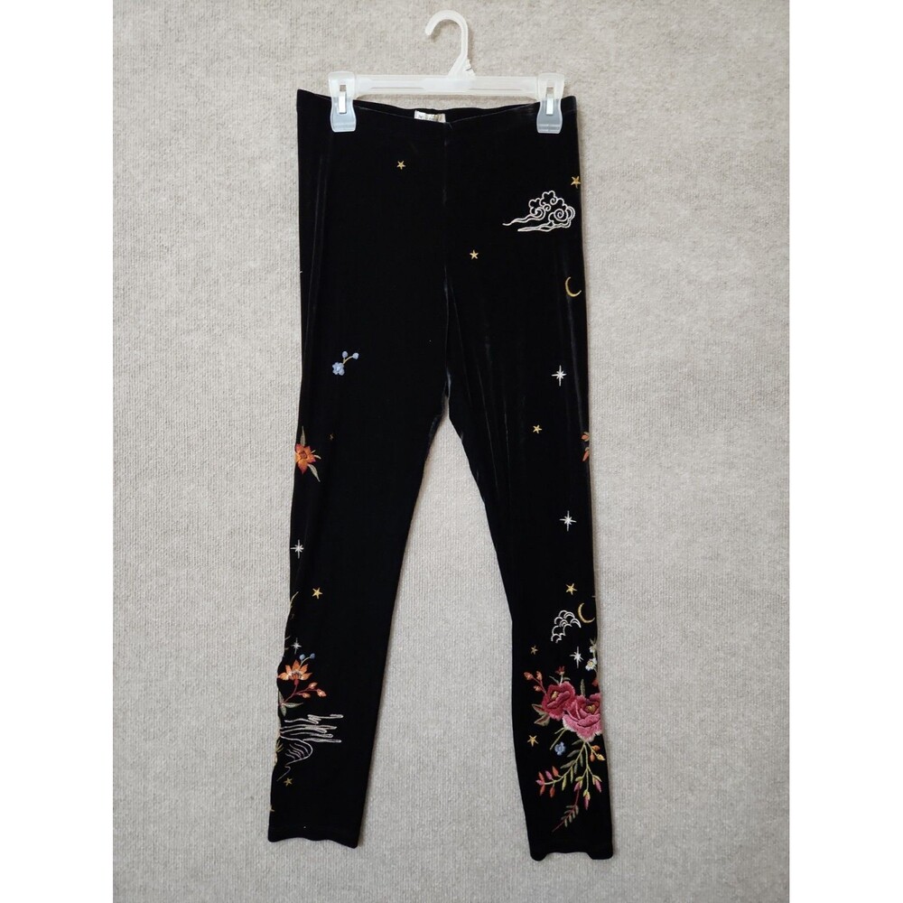 Johnny Was Keone Velvet Legging Pants Womens M Black Embroidered NEW